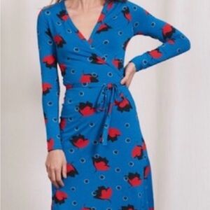 Boden Blue Long-Sleeve Wrap Dress with Red & Black Floral Motif 10P work wear